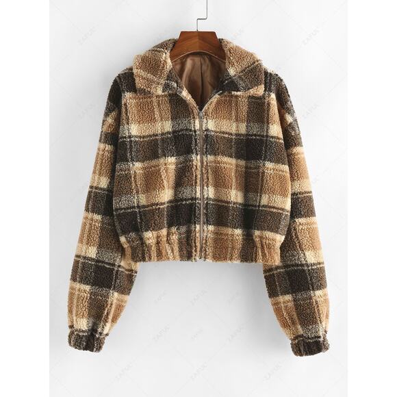 ZAFUL Plaid Teddy Zip Jacket Sherpa Fleece Brown Beige Crop Coat SZ 6 Medium - Picture 3 of 10